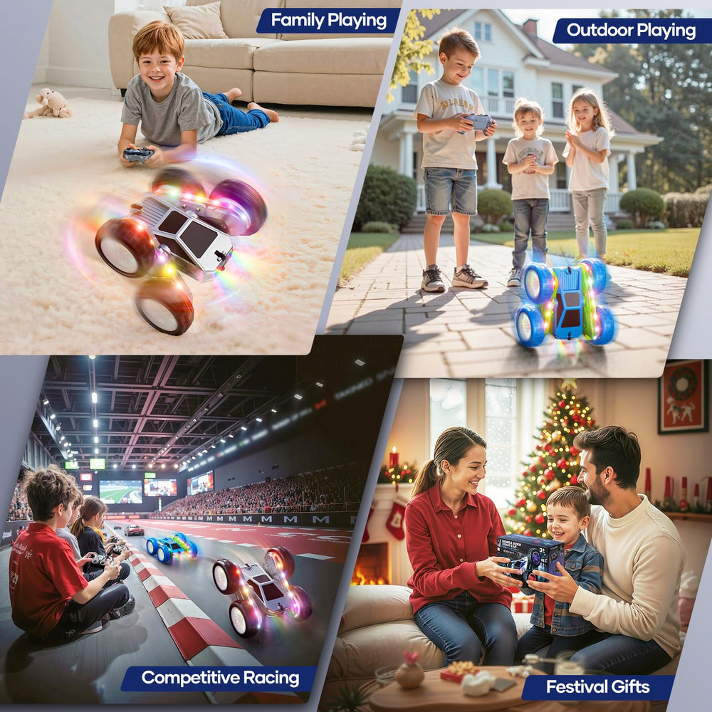 WayEee RC car with colorful LED light strips for thrilling night stunts.