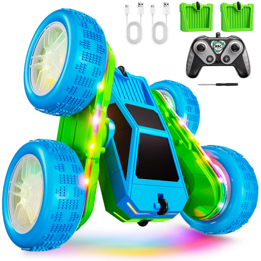 WayEee remote control car performing a dramatic 360 flip in mid-air for thrilling stunt action.