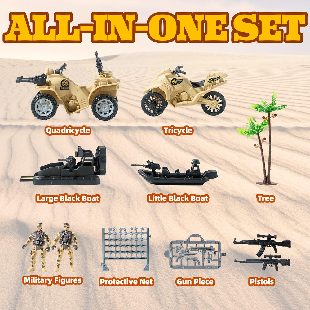 Wbzle army toy vehicles including tricycle and quadricycle for dynamic action scenes.