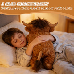 WDXDSOB weighted Highland Cow plush side view, ideal for cozy room decor.