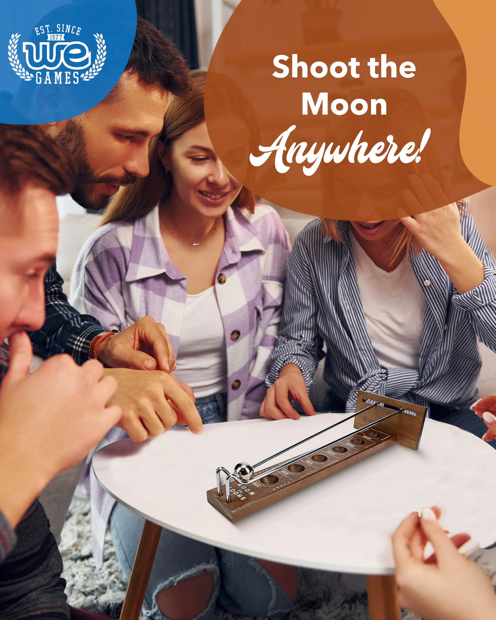 WE Games Shoot the Moon measures about 17.5 inches for a generous tabletop play area