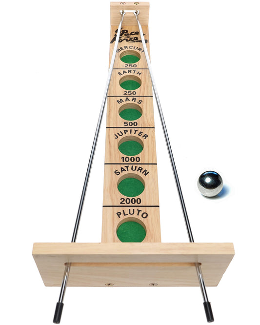 WE Games Shoot The Moon rolling ball on solid wood surface for family fun.