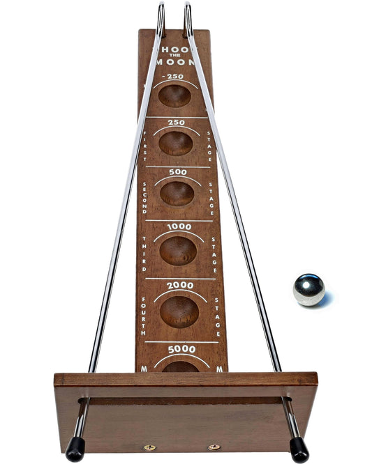 WE Games Shoot the Moon table top board closeup highlights smooth craft and walnut finish