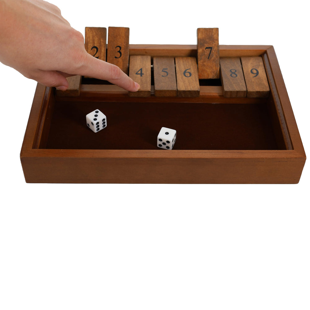 WE Games Shut The Box brown velvet surface for smooth, controlled rolls.