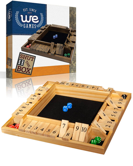 WE Games Wooden Shut The Box board in natural finish for family game night.