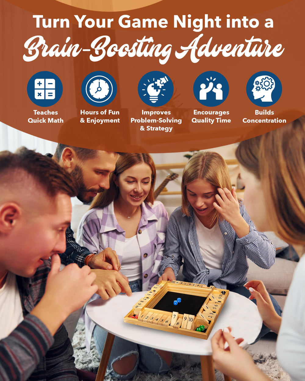 WE Games Wooden Shut The Box natural wood finish adds warmth and durability.