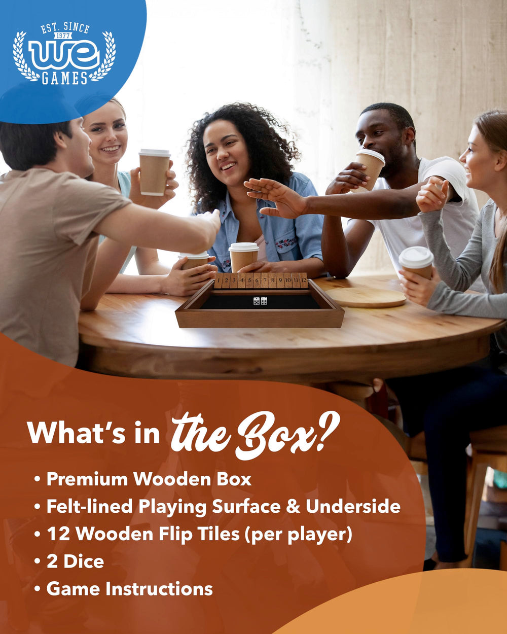 WE Games Shut The Box flip tiles on a soft felt surface
