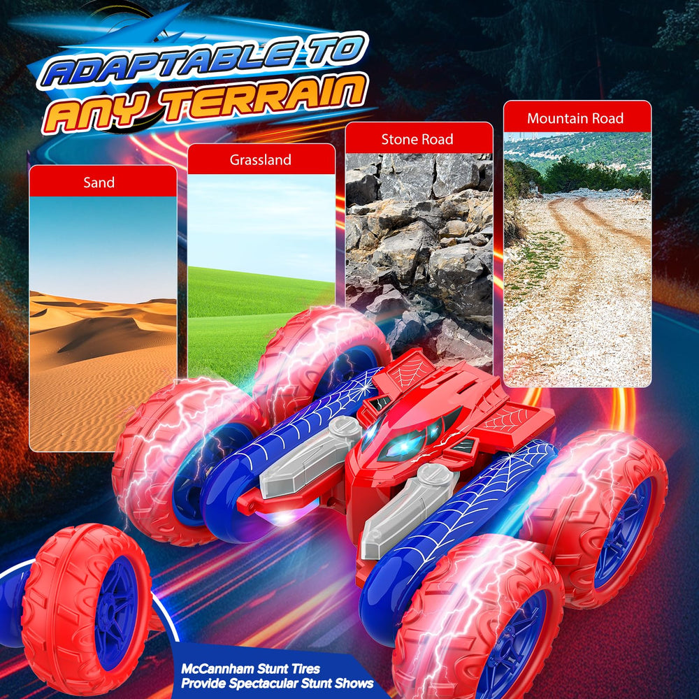 Webspidee double-sided RC car driving on its two sides for action.
