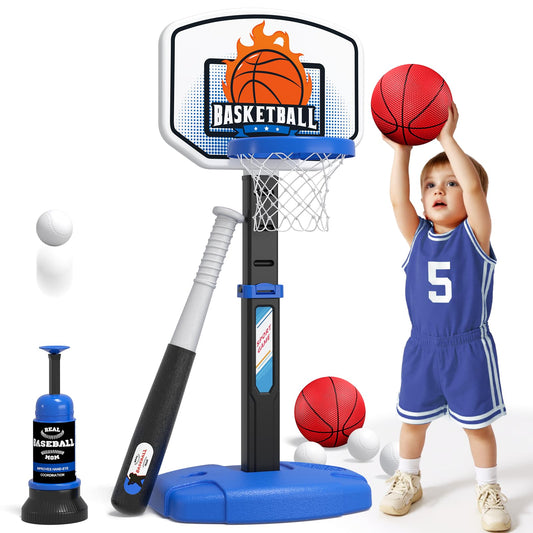 Wee Wonders 2in1 basketball hoop and t-ball set ready for family indoor and outdoor play.