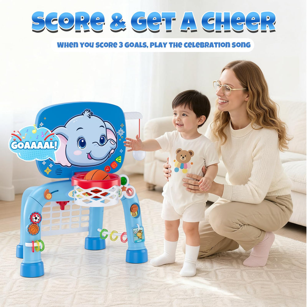 Wee Wonders elephant activity toy with gears and sliders for fine motor play.