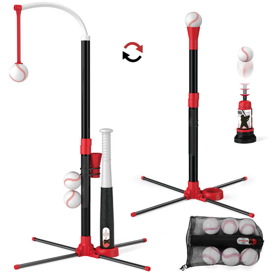 Wee Wonders hanging tee setup aids hand-eye coordination during outdoor play