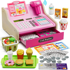 Wee Wonders wooden cash register with scanner for pretend checkout and learning.
