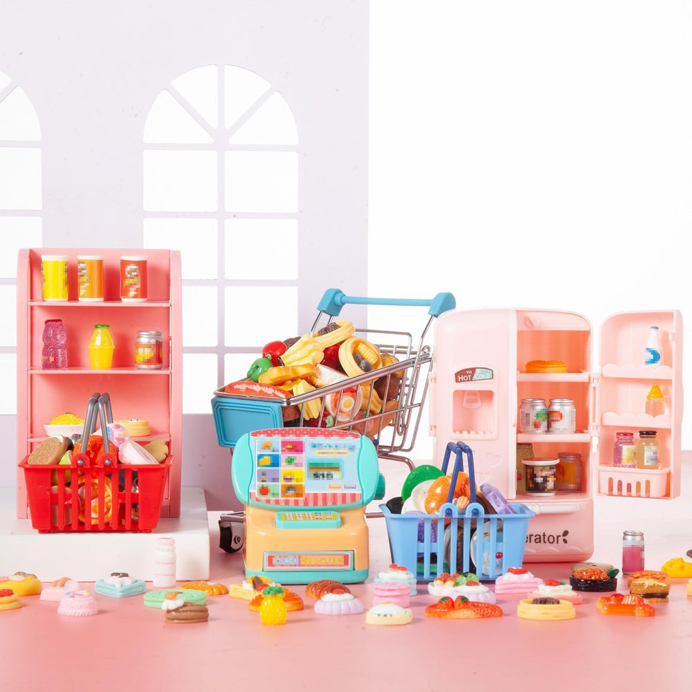 Wehoo two dollhouse baskets with cart for organized shopping scenes.
