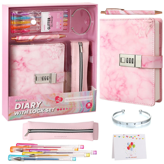 WeiAlico Secret Diary with Lock on pink marble cover, secure space for thoughts