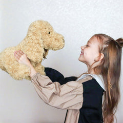 WEIGEDU Goldendoodle stuffed animal close-up highlighting fluffy fur for cozy bedtime moments.