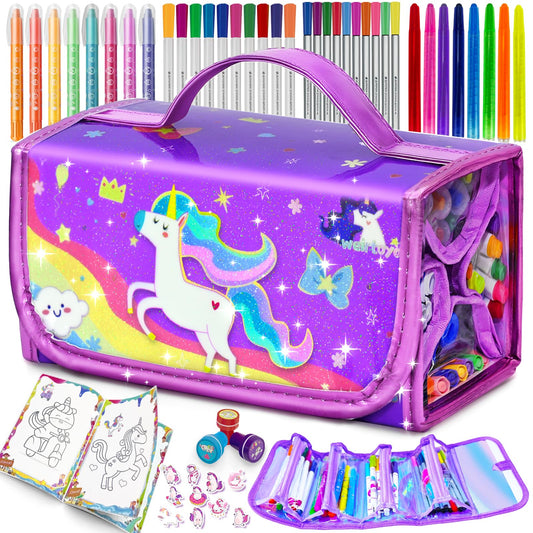Weirtoya 56pcs washable scented markers set in unicorn case for kids' art projects.