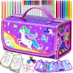 Weirtoya 56pcs washable scented markers set in unicorn case for kids' art projects.