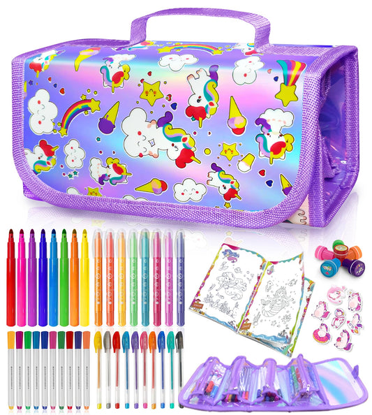 Weirtoya unicorn markers 56 piece in glitter pencil case for kids art sessions