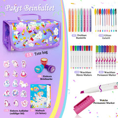 Unicorn travel coloring kit keeps markers organized on trips.