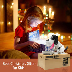 Wekity Hungry Dog Piggy Bank packaging highlights safe materials and gift appeal.