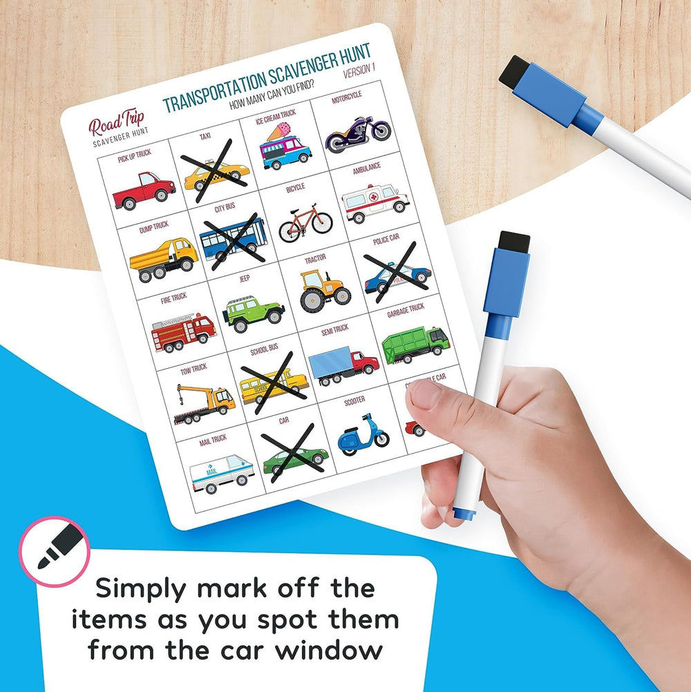 WELL BALANCED Car Bingo family playing in car promotes shared road trip fun.