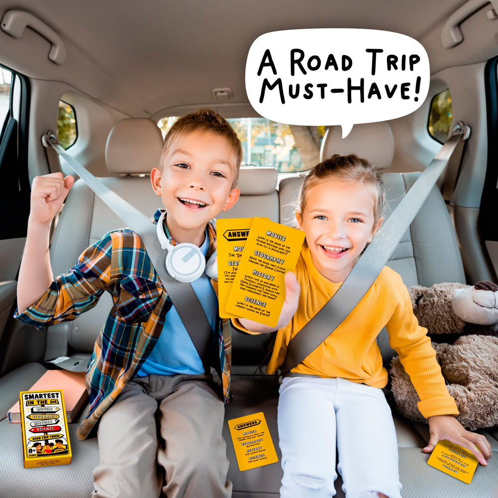 WELL BALANCED Road Trip Trivia kids in car enjoying learning-friendly entertainment.