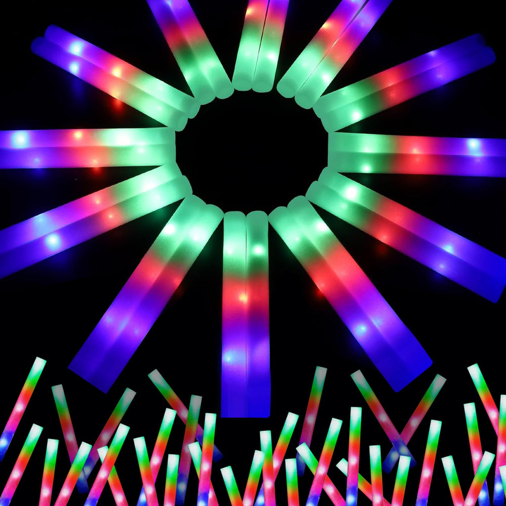 Wellent LED foam glow sticks bundle glowing in blue, red, and green for vibrant party lighting.
