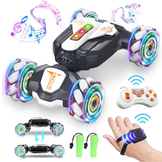 Weocar gesture-sensing RC stunt car front view with vibrant lights for outdoor play