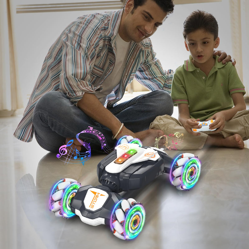 Weocar gesture-sensing RC stunt car side view showing 4WD grip