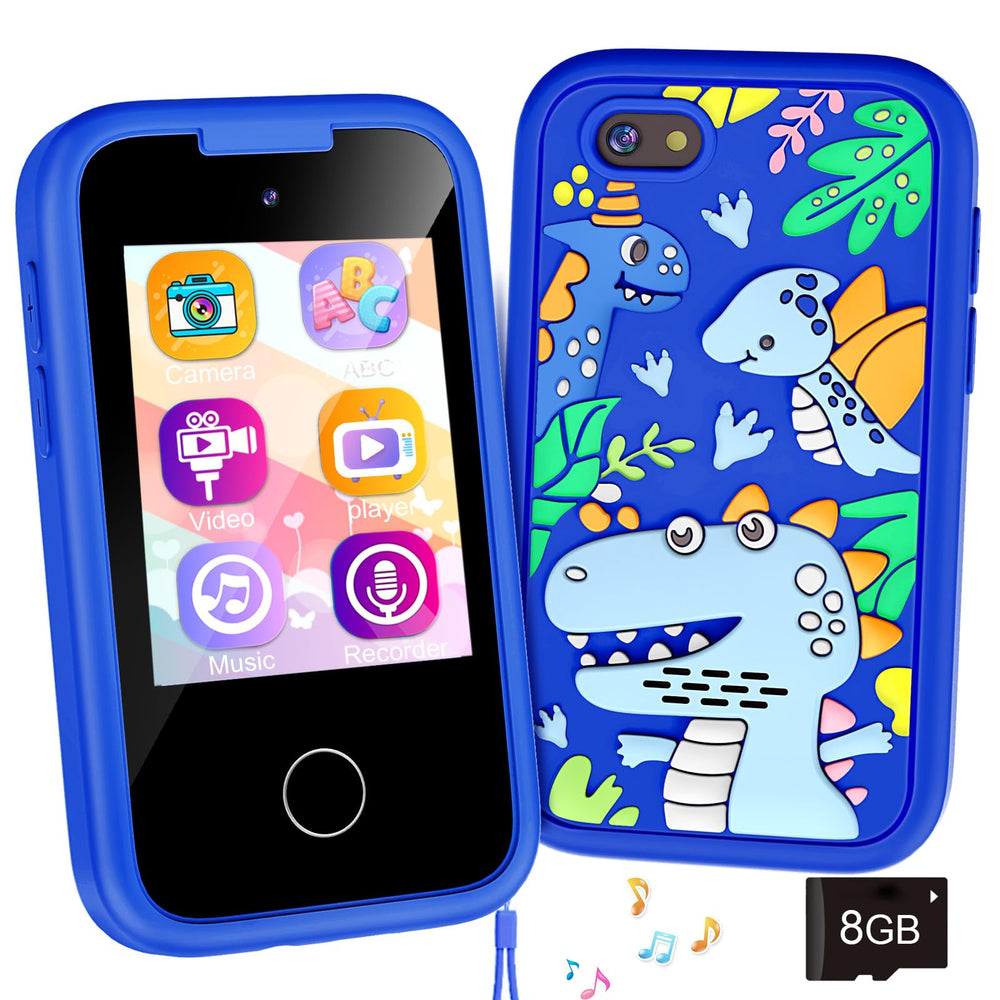 WEOLULI kids phone with blue dinosaur cover showing playful grip and safety for small hands