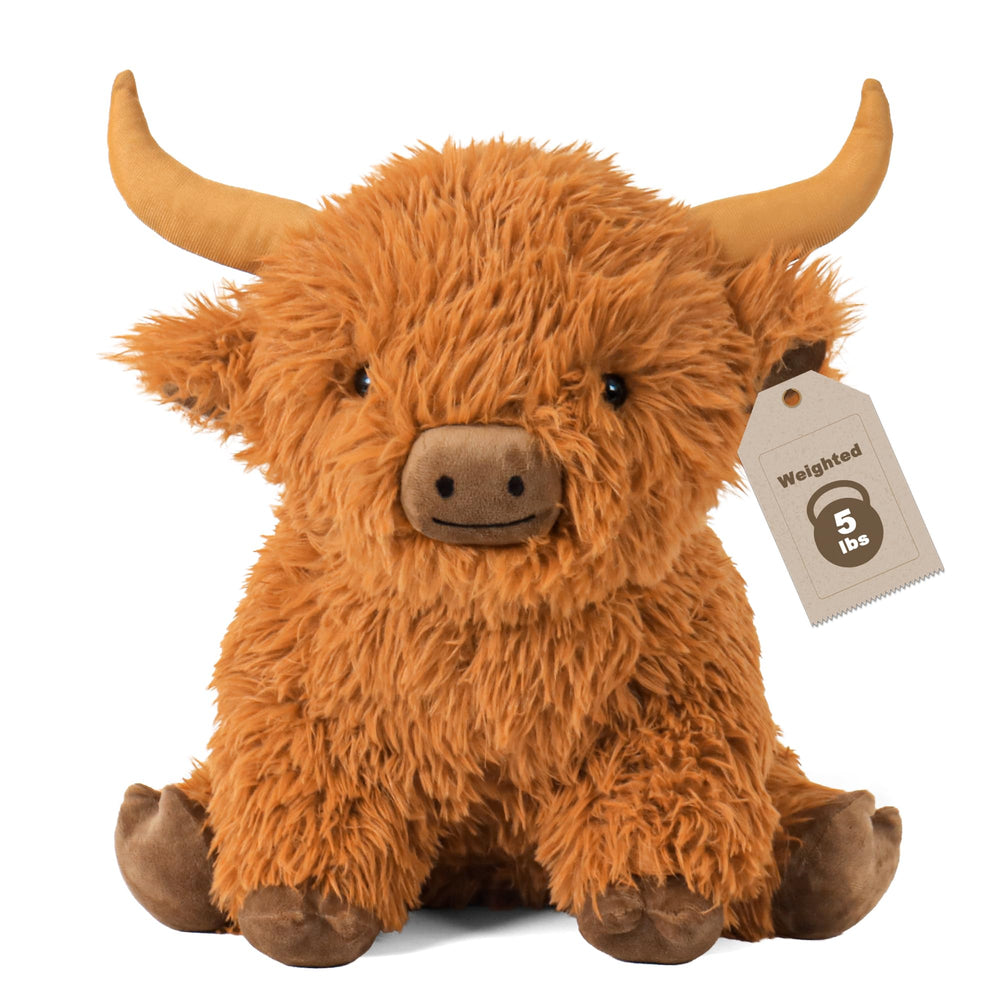 Wepop Highland Cow plush full-body view showing weighted cuddle comfort