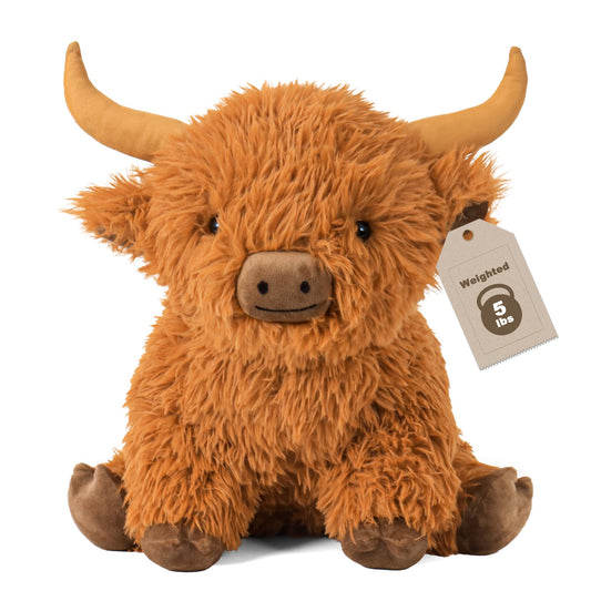 Wepop Highland Cow plush full-body view showing weighted cuddle comfort