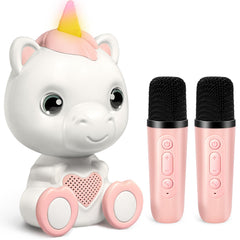 WERNNSAI unicorn mini karaoke front view highlighting kid-friendly design with glowing lights for home parties.