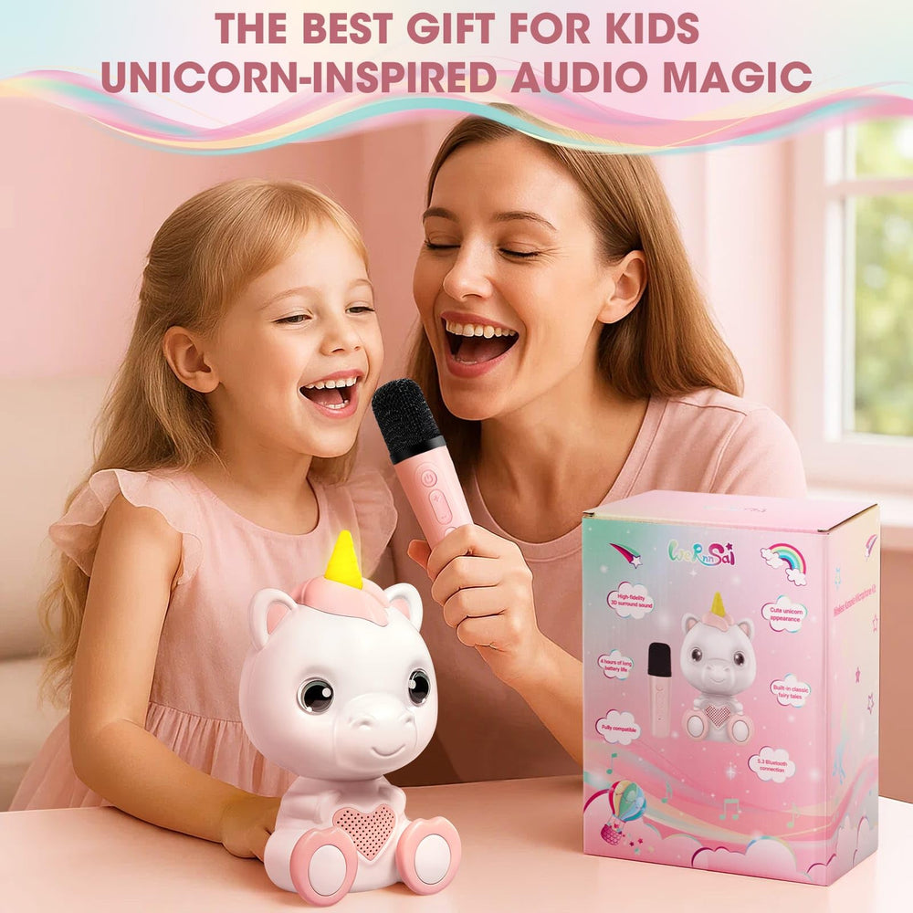 WERNNSAI unicorn mini karaoke two-mic setup ideal for family duets and play.