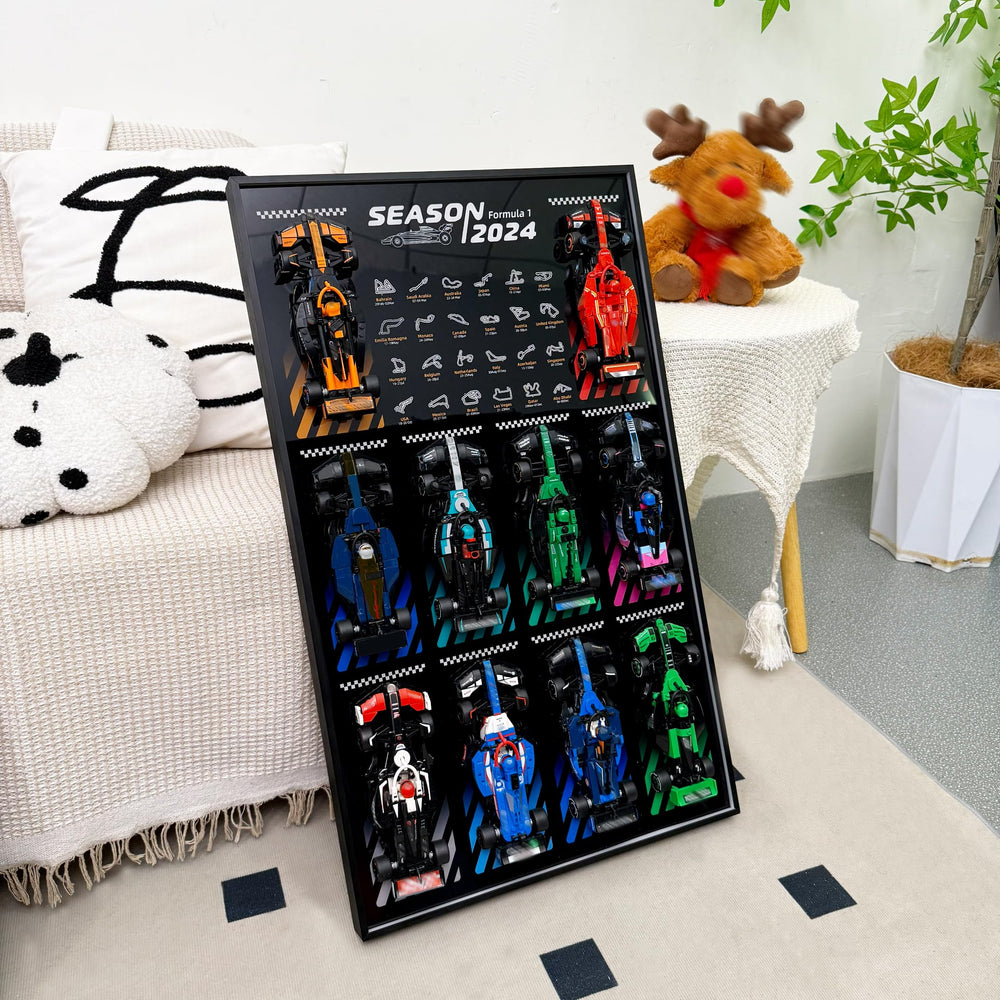 WETCEAOM display wallboard with aluminum frame highlights Lego Speed Champions on a sleek wall display.