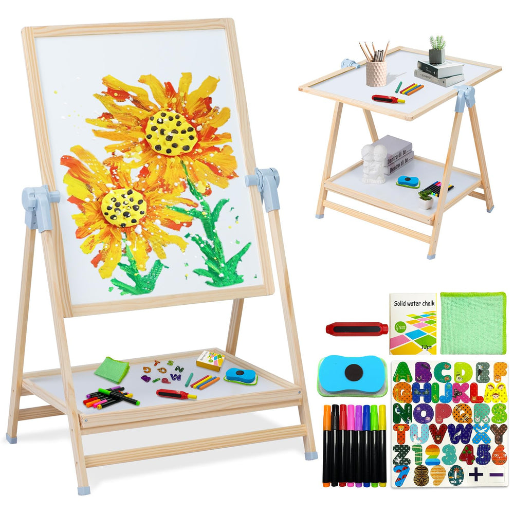 Weudear easel for kids with dual whiteboard and chalkboard for versatile home art sessions.