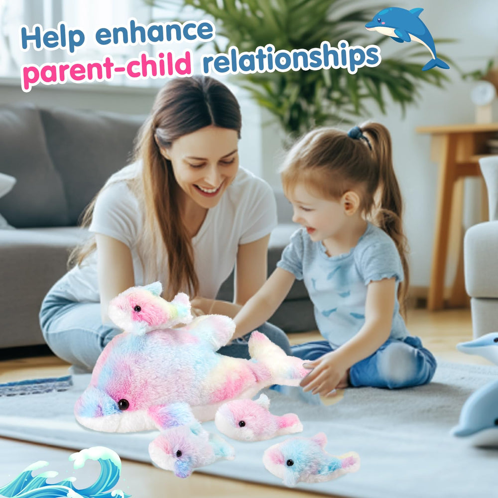 WEWILL rainbow dolphin family play set, encourages storytelling adventures.