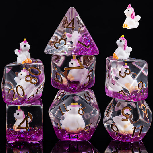 Weyano resin unicorn dice set 7pcs on display for ready D&D gameplay