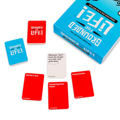 What Do You Meme? Grounded for Life box front showcases colorful components for family fun.