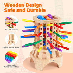 WhimsiPlay tower with sticks shows stable, slip-free stacking for motor control.