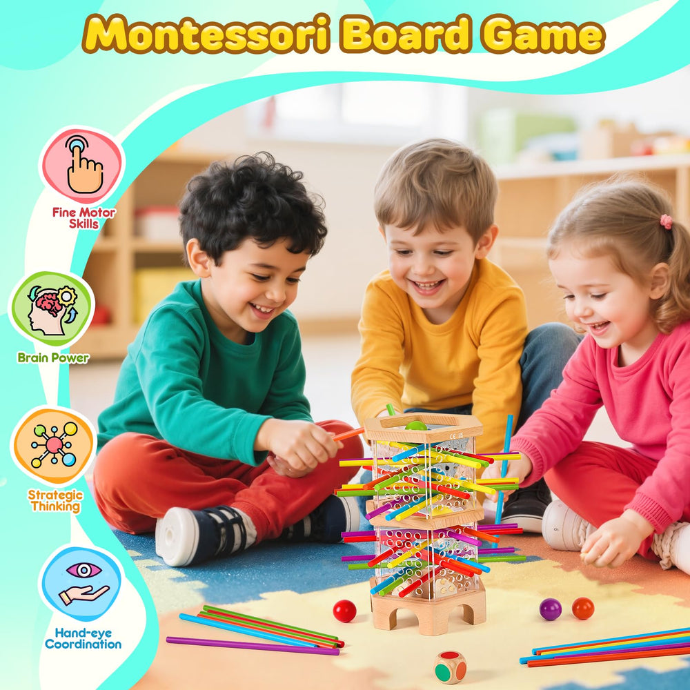 WhimsiPlay colorful sticks and dice – engaging children in strategic tower-building.