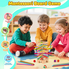 WhimsiPlay colorful sticks and dice – engaging children in strategic tower-building.