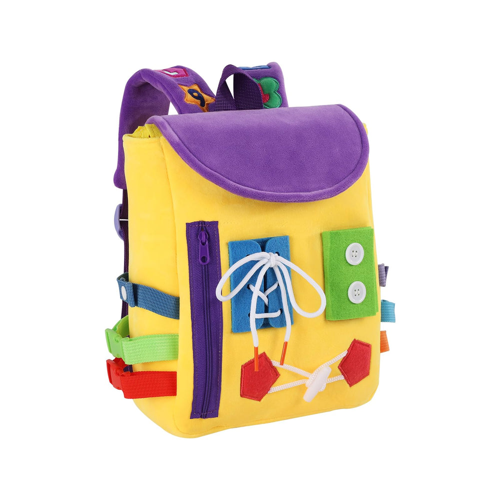 White Dolphin Toys Busy Board backpack with buckles supports fine motor practice.