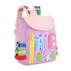 White Dolphin Toys Busy Board Backpack front view showing learning features for toddlers.