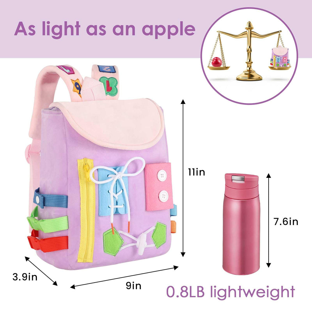 White Dolphin Toys Busy Board Backpack plush materials feel soft and easy to clean.