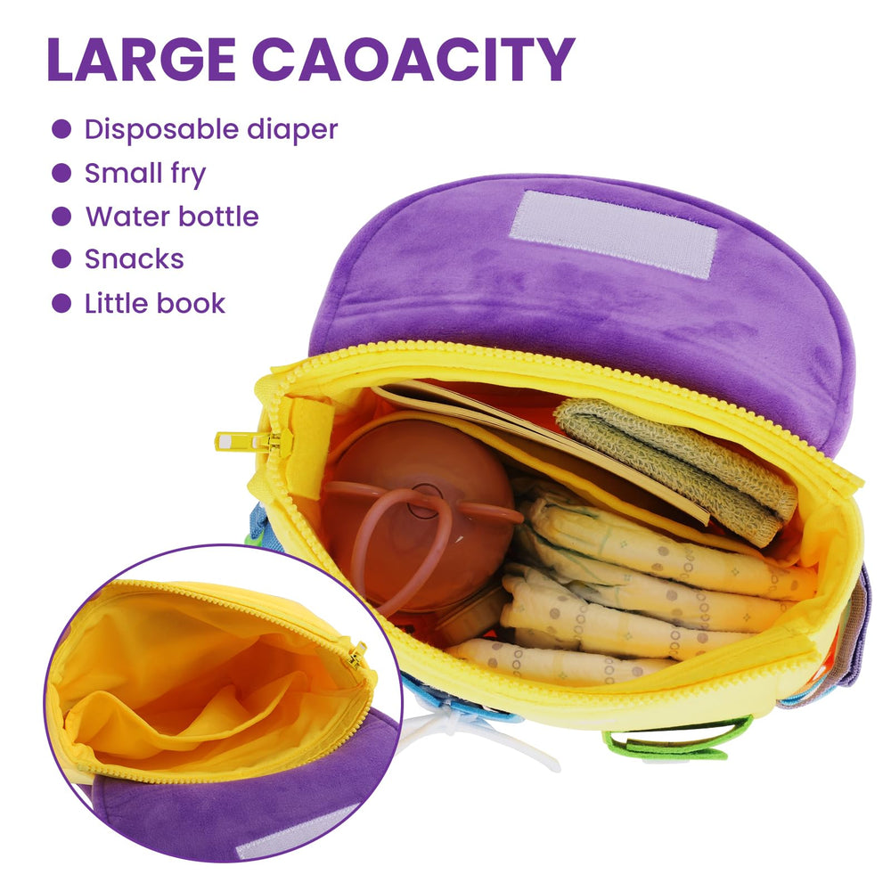 White Dolphin Toys Busy Board backpack offers large capacity for daily essentials.