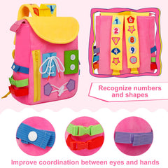 WHITE DOLPHIN TOYS Busy Board toddler backpack shows large capacity for organization