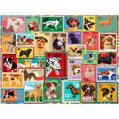 Lewis T. Johnson artwork on a White Mountain dog stamps puzzle full of nostalgic charm.