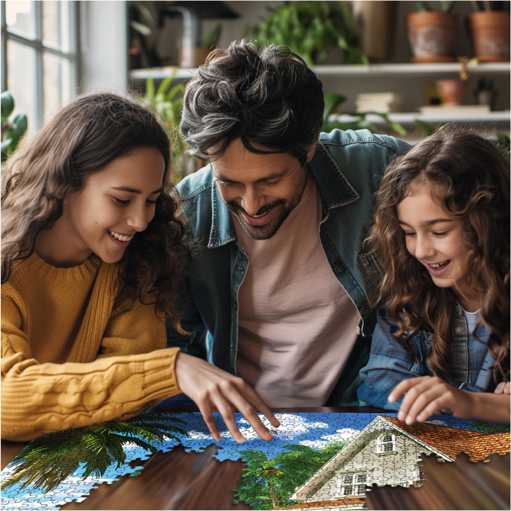 White Mountain Beach House puzzle pieces in progress, easy to grip and assemble