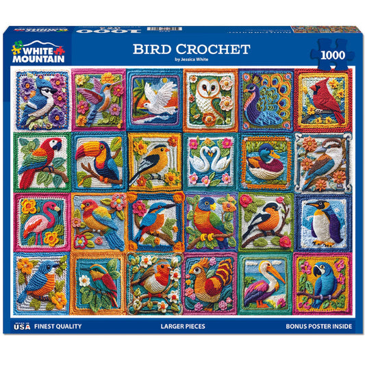White Mountain Bird Crochet Puzzle cover image with bright colors and large pieces for easy handling.
